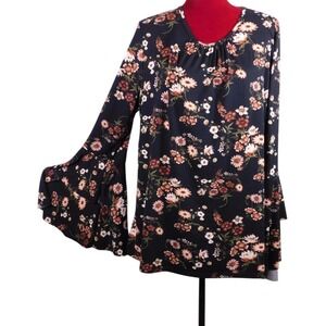 VTG Red Poppy Women's Blk Floral Top Tiered bell‎ Long Sleeves  USA  2XL   A185
